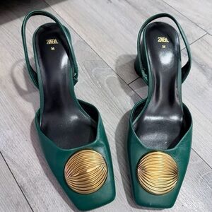 Zara Emerald Green Leather Slingback Mules with Gold Medallion